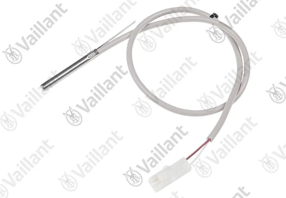 Vaillant Temperaturfühler mit einem Metallsonde und einem Kabel, das zu einem elektrischen Anschluss führt.